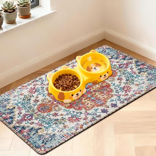 Pet Feeding Mat for Floors Waterproof Dog Mat for Food and Water Absorbent Quick Dry Non Slip mat for Cat Bowls (30"L x 17"W / Boho-2)