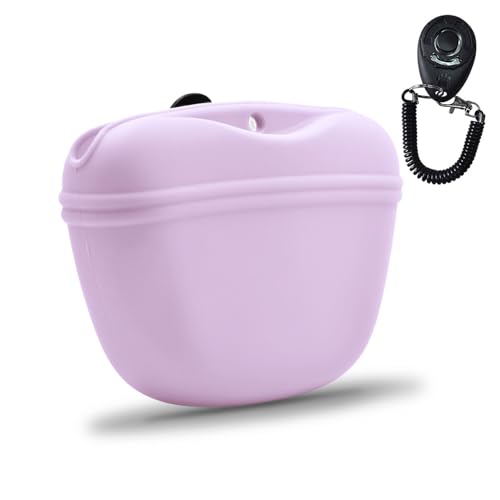Silicone Dog Treat Pouch with Clicker Magnetic Closure Secure Clip (1 Pack / Pink Purple)