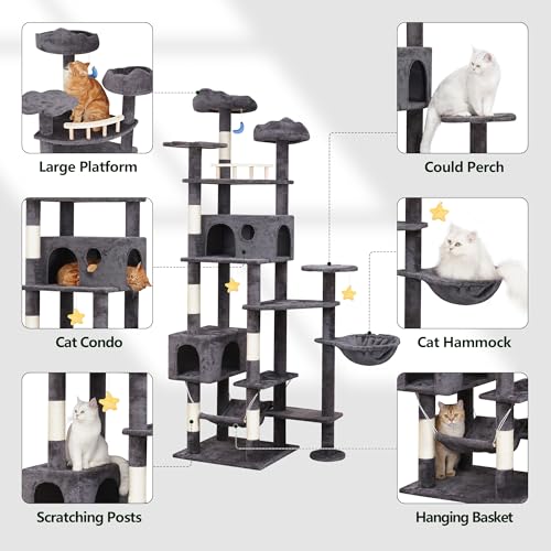 Cat Tree 79in Large Tower for Multiple Indoor Big Cats (Smoky Gray)