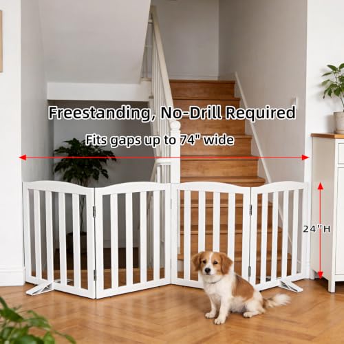 Foldable Freestanding Indoor Dog Gate for House Wood White Long Pet Gates Dog Fence for Stairs Puppy Gates for Hallways (White / 【4 Panels】80''w X 24''h)