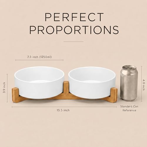 Ceramic Dog and Cat Bowl Set with Wooden Stand (7.6 cups / White × 2)