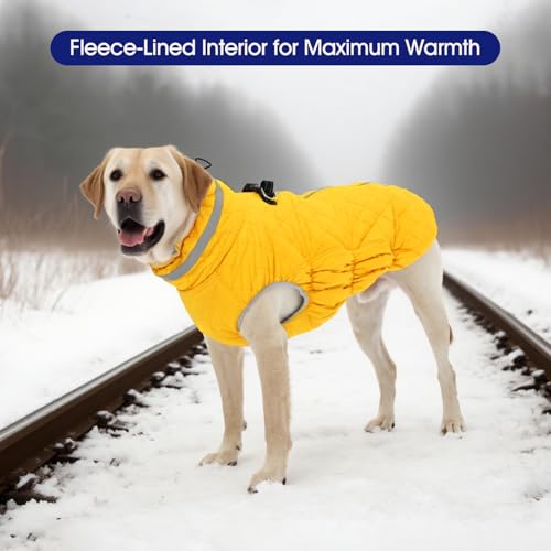 Dog Winter Coat Fleece Warm Large Dog Coat with Harness Built in (Yellow / XL(chest:30in）)
