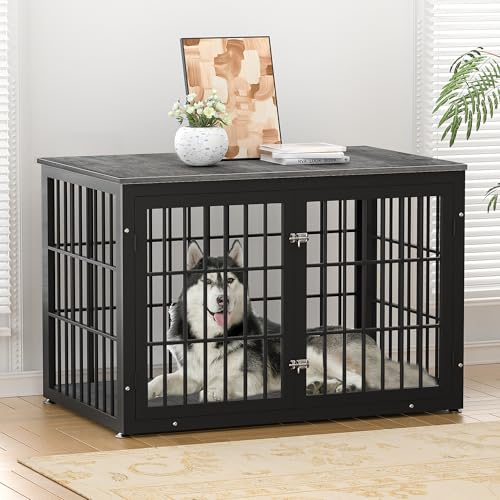 46" Heavy Duty Dog Crate Furniture for Large Dogs (Black + Gray / 46.0"L x 29.1"W x 31.1"H)