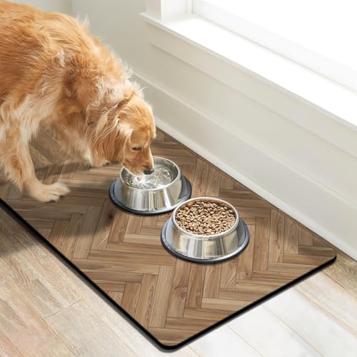 Pet Feeding Mat for Floors Waterproof Dog Mat for Food and Water Absorbent Quick Dry Non Slip mat for Cat Bowls (32"L x 24"W / Wooden)
