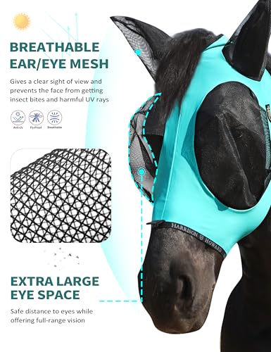 Horse Fly Mask with Forelock Opening Stretch Breathable and Comfortable for Horses UV (Turquoise Green / L)