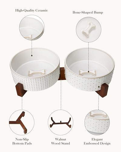 Dog Bowl Set Ceramic Bowls with Walnut Wood Stand (Rhombic+Polka Dots / 6 Cups)