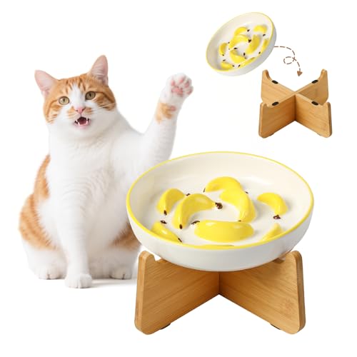 Ceramic Slow Feeder Cat Bowl (Yellow Elevated (Bamboo) / 3.7"H Elevated (Bamboo))