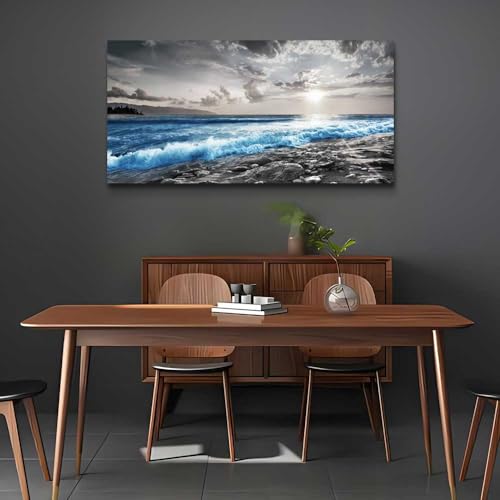 Wall Decor For Living Room Framed Canvas Wall Art For Office Bedroom Decorations Blue Ocean Wall Painting Black and White Beach Pictures Artwork Modern Mural Home Walls Decor (40"L x 20"W / Blue Sea Wave Pictures)