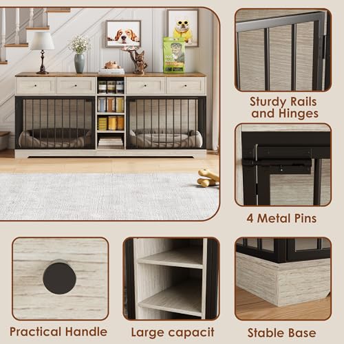 82" Double Dog Crate Furniture with Storage (Washed White / 81.9"L x 23.6"W x 33.5"H)