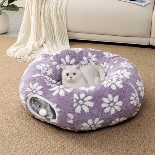 Cute Round Cat Tunnel for Indoor Cats (Purple Flower / Round)