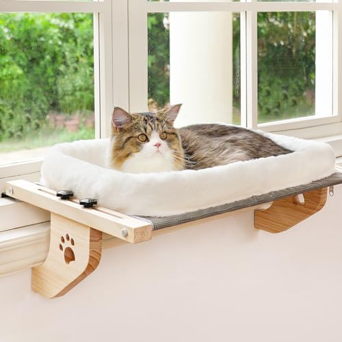 Wooden Cat Windowsill Perch with Zipper Cushion Bed (White / 27.5''L x 15''W)