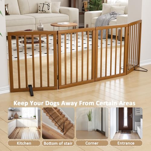 Freestanding Pet Gate Foldable 4 Panel Dog Gate Walnut Dog Gates for Stair Doorways House Indoor (Walnut / 4 Panel - 74 inches Wide)