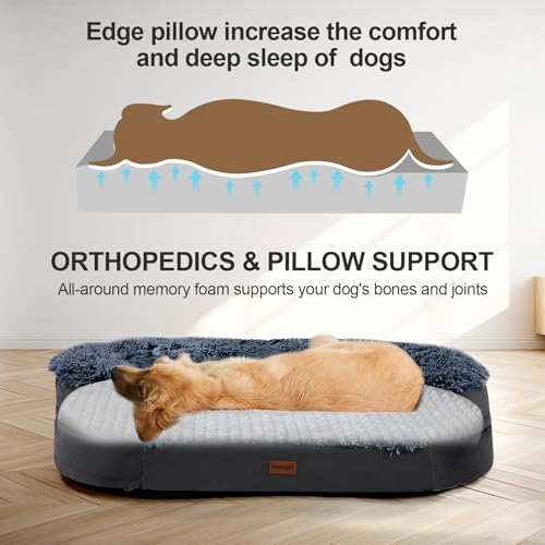 Fluffy Orthopedic Dog Beds for Large & Extra Large Dogs (Black / 44.0"Lx32.6"Wx7.6"H)