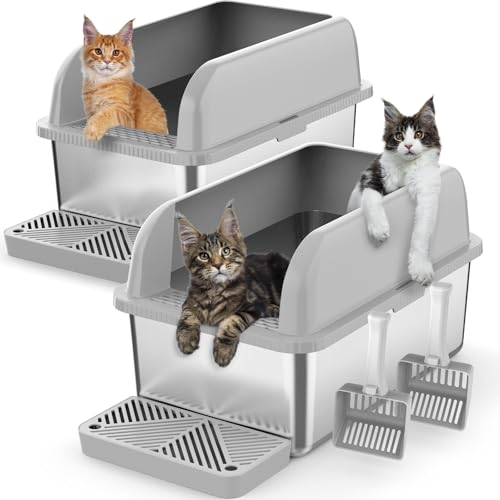 2 Pack 8" Deep Enclosed Stainless Steel Litter Box for Multi (2PK Light Grey / X-Large)