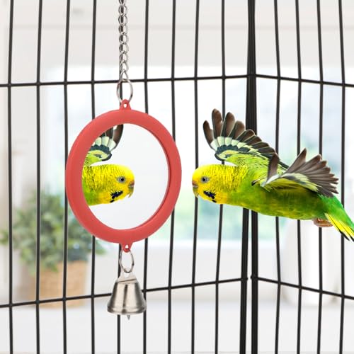 Bird Mirror Toy with Bell Interactive Parrot Hanging Mirror (RED)