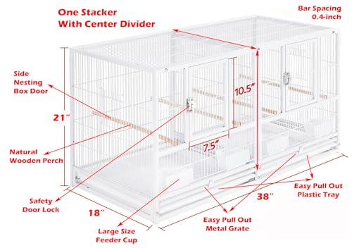 Single Sturdy Wrought Iron Stackable Center Divided Breeder Breeding Bird Flight Double Rolling Cage for Aviaries Canaries Cockatiels Finches Budgies Small Parrots Single Story (White Vein)