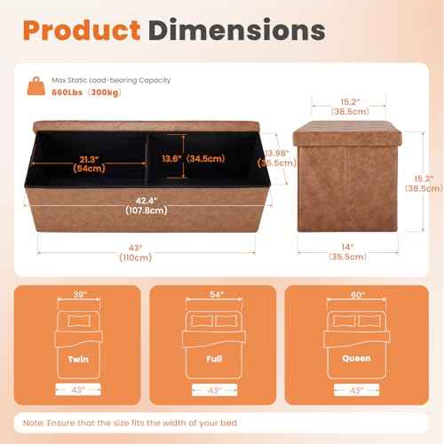 43 Inch Storage Ottoman Bench (Brown / 15.2"D x 43"W x 15.2"H)