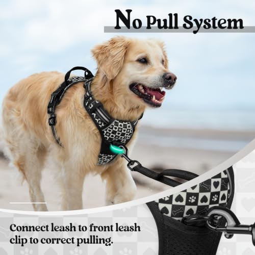 Dog Harness No Pull for Large Dogs with 2 Leash Clips (Medium / Black Grid)