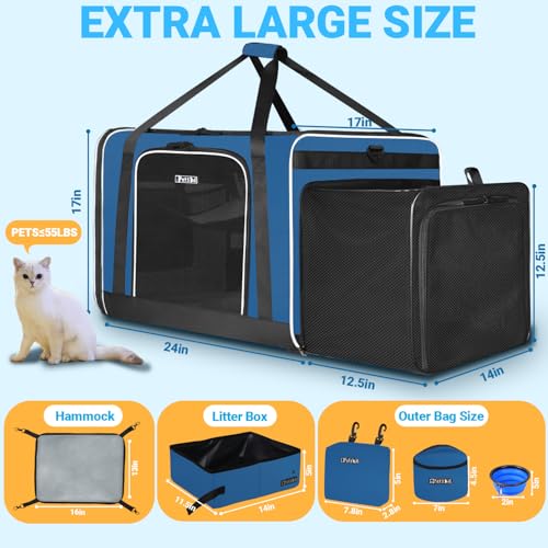 Side Expandable Large Cat Carrier with Litter Box (Prussian Blue)