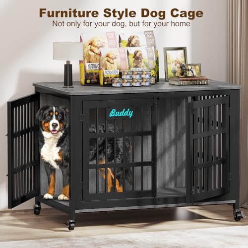 46"/43"/32" XXL Heavy Duty Dog Crate Furniture with Casters (46.14"L x 28.78"W x 35"H / Dark Grey)