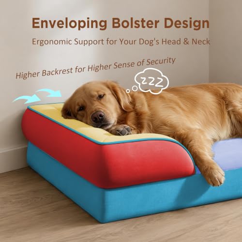 Orthopedic Dog Bed for Extra Large Dogs with Bolster (45.0"L x 35.0"W x 8.5"Th / Funfetti Fiesta)