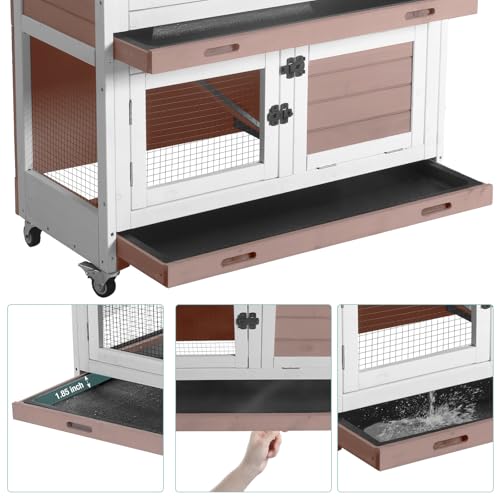 2 Tier Rabbit Hutch Indoor Bunny Cage with Wheels for Small Animals (Beige)