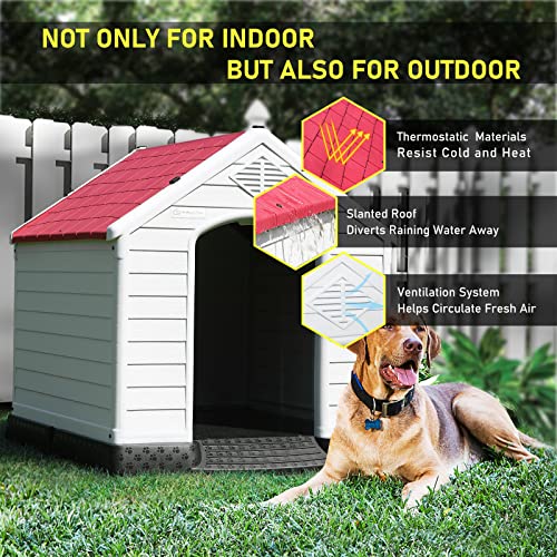 Durable Waterproof Plastic Dog House for Small to Large Sized Dogs (Red / 34"L x 31"W x 32"H)