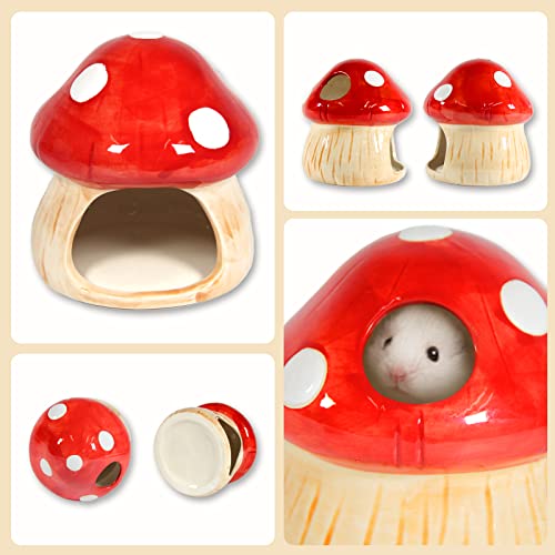 Ceramic Mushroom Hamster Hideout with Food Bowl (Red)