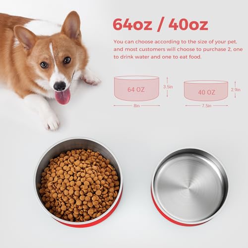 Dog Bowl Stainless Steel Dog Food and Water Bowl with Non Slip Quiet Bottom (64 oz / Red)