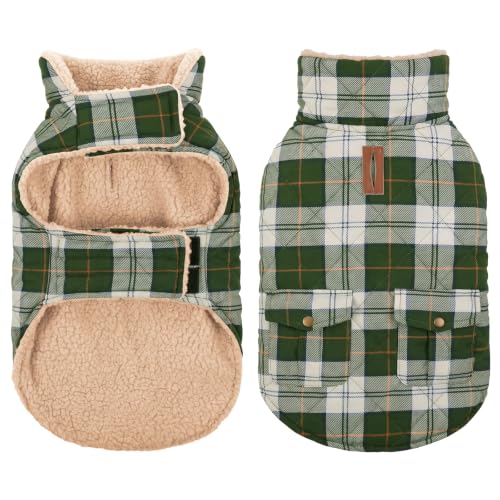 XS Plaid Winter Dog Jacket Waterpoof Coat Warm Cold Weather Vest (X-Small / Green-White Plaid)