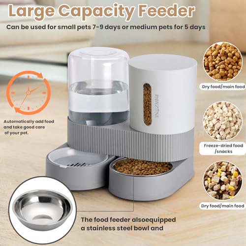 2 Pack Automatic Cat Feeder Stainless Steel Water Dispenser Gravity Food Feeder and Waterer Set with Pet Food Bowl for Small Medium Kitten Puppy Pets Large Capacity (Grey)