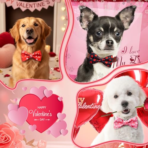 50 Pcs Red Pink Heart Style Dog Bow Ties for Small Dogs (Valentines Day)