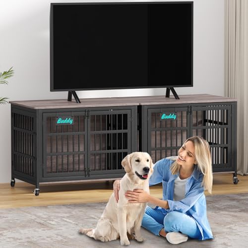 42"/41"/33" XL Dog Crate Furniture with Casters, Heavy Duty Dog Kennel Indoor for Large and Medium Dogs, Double-Doors Sturdy Dog Cage for Anxiety Dog, Decorate House as TV Stand, Bedside Table (42.1"L x 29.3"W x 31.2"H / Grey)