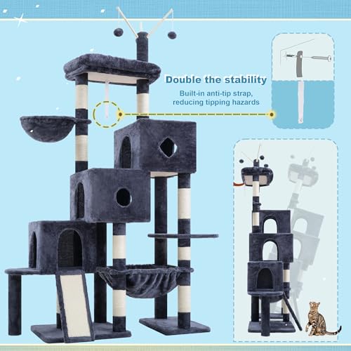 Cat Tree Tower with 3 Condos (74.8 inches / Smoky Gray)