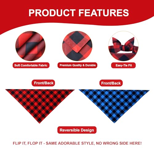 Buffalo Plaid Dog Bandanas for Medium Dogs (Red-black & Blue-black / Large)
