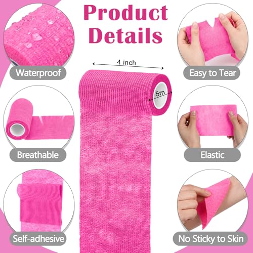 36 Pcs Self Adherent Bandage 4" X 5 Yard Wrap Breathable (Bright Pink / 4" X 5 Yard)