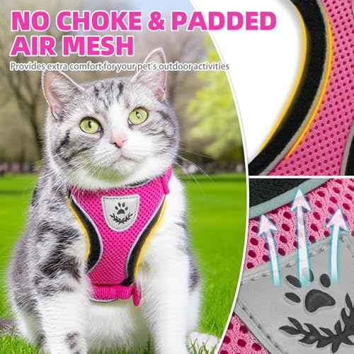 Cat Harness and Leash Set Escape Proof Reflective Cat Walking Harness Adjustable Soft Breathable Mesh Vest for Small Pets (S (NECK 9.5"-11", CHEST 13"-16") / Deep Pink)