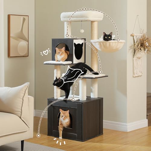57.5" Cat Tree with Litter Box Enclosure (Black / XL(18.9"L x 18.9"W x 57.5"H))