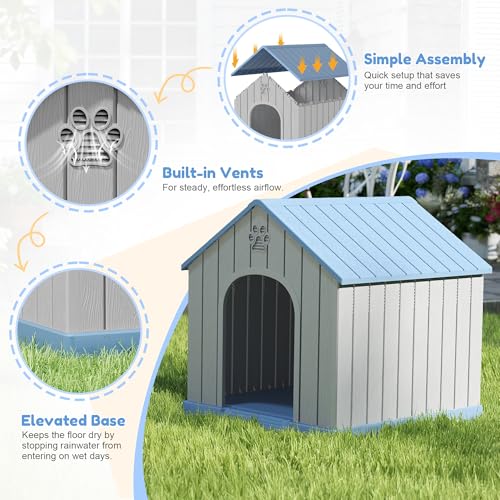 Small Plastic Dog House for Outdoor Indoor (Classic Blue / 26''L × 24''W × 26''H)
