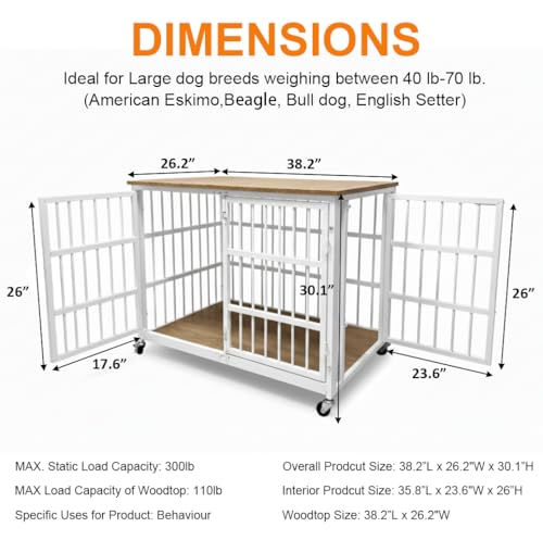 38" Heavy Duty Dog Crate Furniture for Large and Medium Dogs (White + Natural)
