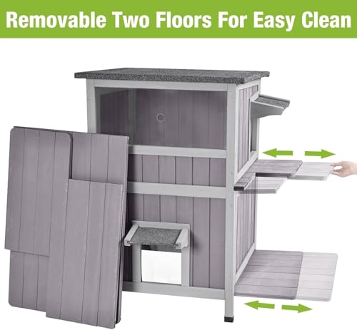 Upgraded Larger Size Outdoor Cat House (Grey / Flat Roof - 24.3"W)