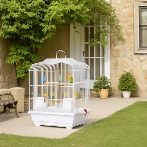 Travel Bird Cage 20.5×18.1×14.2 in Portable Birdcage with Handle and Perches for Small Parrots Canaries Cockatiels Lovebirds Finches Budgies Conures (white)