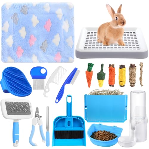 19 Pcs Rabbit Starter Kit Small Bunny Litter Box Animal Grooming Kit Water Bottle Bunny Toys Hay Feeder Bowl Blankets with Cleaning Set for Guinea Pig Rabbit Accessories (White / Cloud)