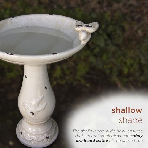 25" Tall Outdoor Antique Ceramic Birdbath with 2 Bird Figurines (brown)