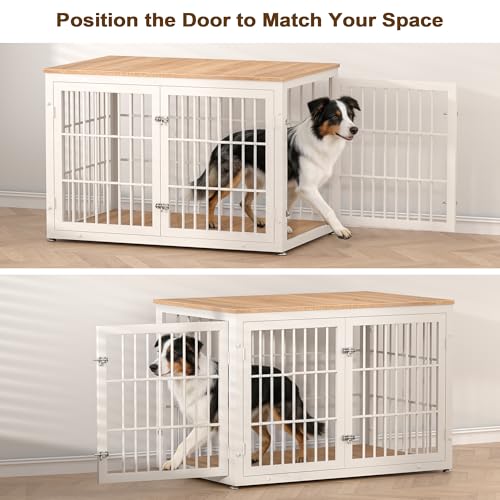 46" Heavy Duty Dog Crate Furniture for Large Dogs (White + Natural / 46.0"L x 29.1"W x 31.1"H)