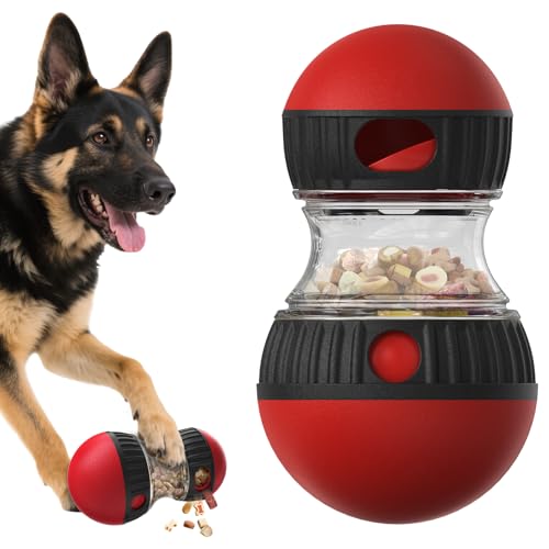 Dog Food Dispensing Puzzle Toy Adjustable Treat Dispenser Slow Feeder Pet Interactive Chase Toy Dog Enrichment Ball for Medium Large Dogs to Keep Them Busy (Red - Single - XL)