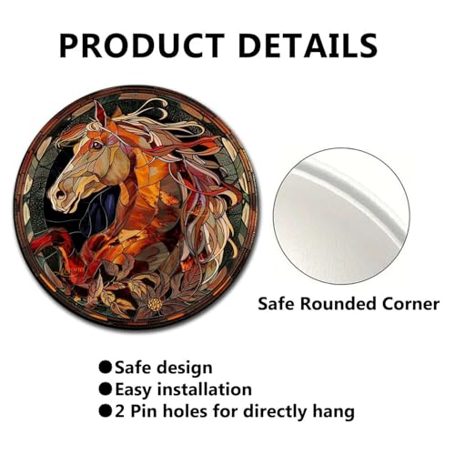 Metal Sign Tin Sign Circular Stained Glass Horse Gardening Poster for Pet 8×8 Inches (8×8 Inches / Horse-1)