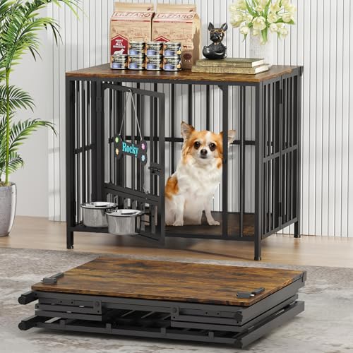 27" Foldable Dog Crate Furniture (Rustic Brown / 27.6"L x 20.5"W x 23.6"H)