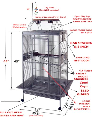 4 Size Castle PlayTop Parrot Cage for Large Macaws Cockatoos African Grey Amazon (24"L x 22"W x 63"H Castle)
