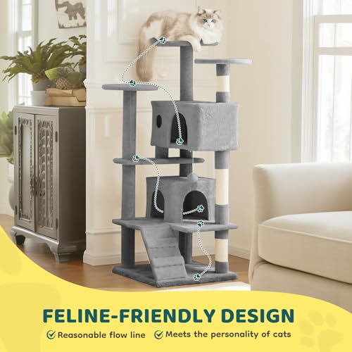 54 Inch Cat Tree Tower with Sisal Scratching Posts (Light Grey / 54"×19.7"×19.7")